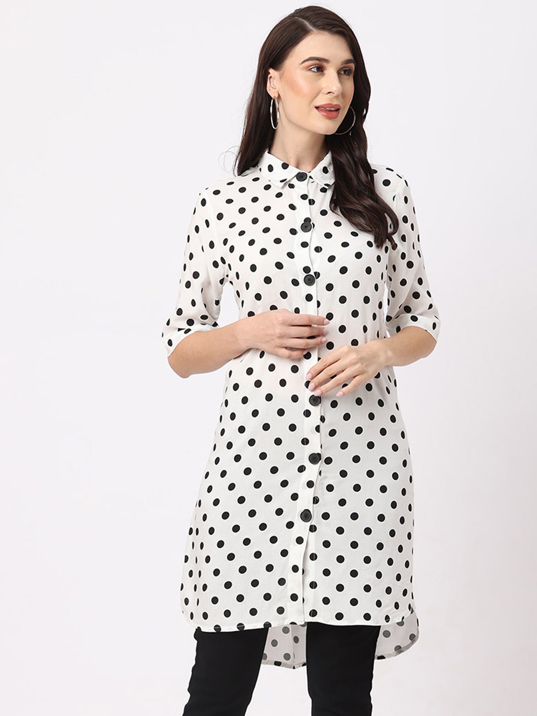 

Fusion Beats Polka Dots Printed Shirt Style Tunic, White