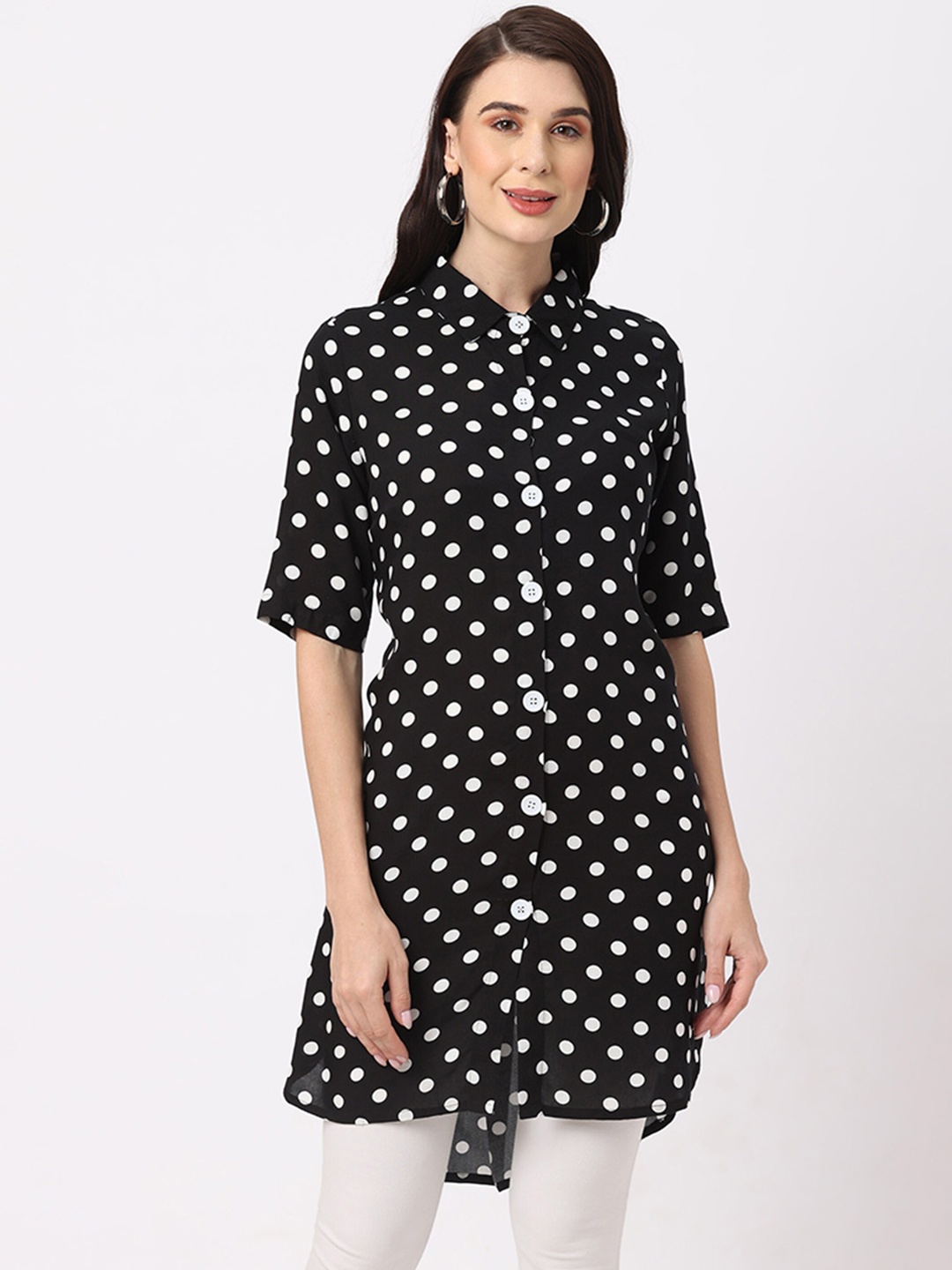 

Fusion Beats Polka Dots Printed Shirt Style Tunic, Black