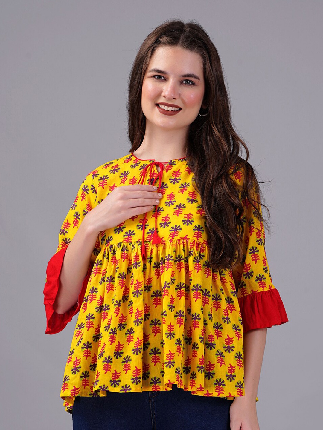 

KPF Ethnic Motifs Printed Tie-Up Neck Bell Sleeve Cotton Empire Top, Yellow