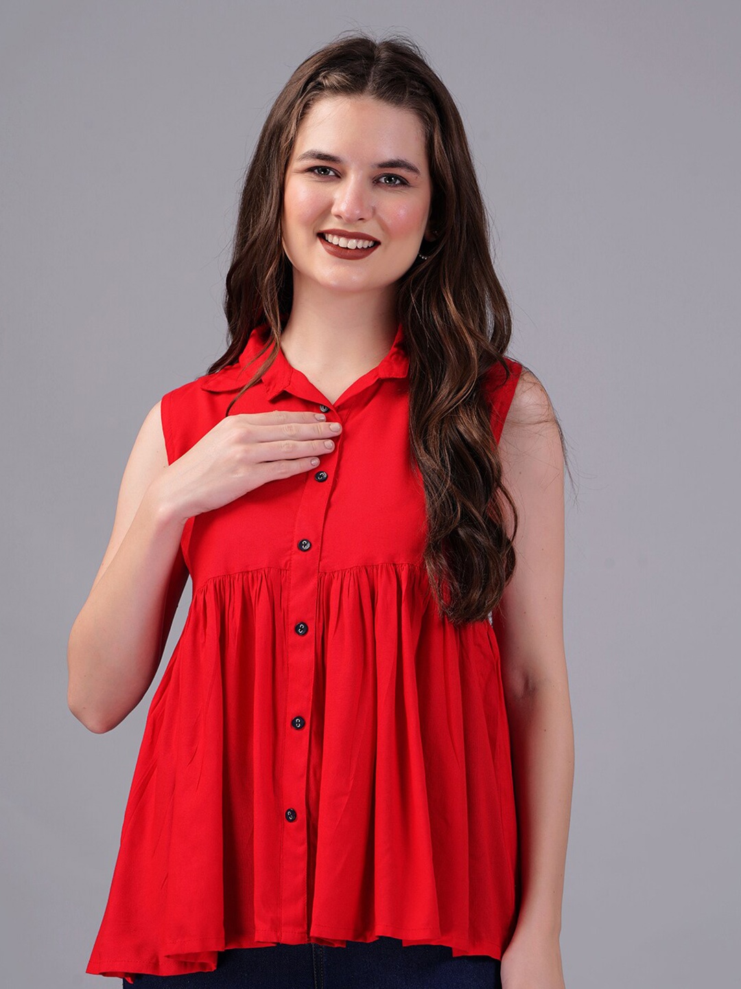 

KPF Gathered Detailed Shirt Collar Sleeveless Shirt Style Top, Red