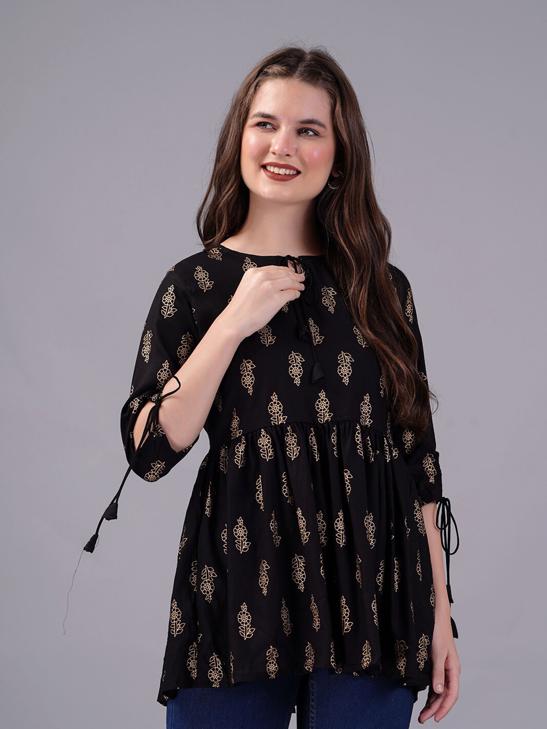 

KPF KPF Tie-Up Neck Ethnic Motif Printed Pleated A-Line kurti, Black