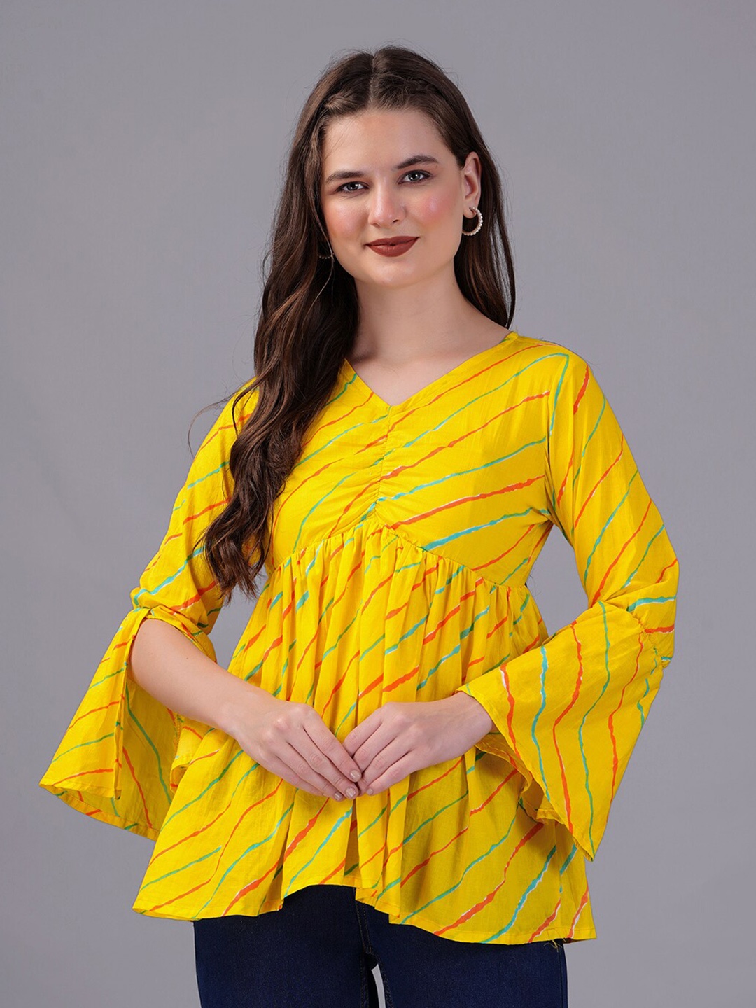 

KPF V Neck Vertical Striped Printed Bell Sleeve Pleated Cotton Empire Top, Yellow