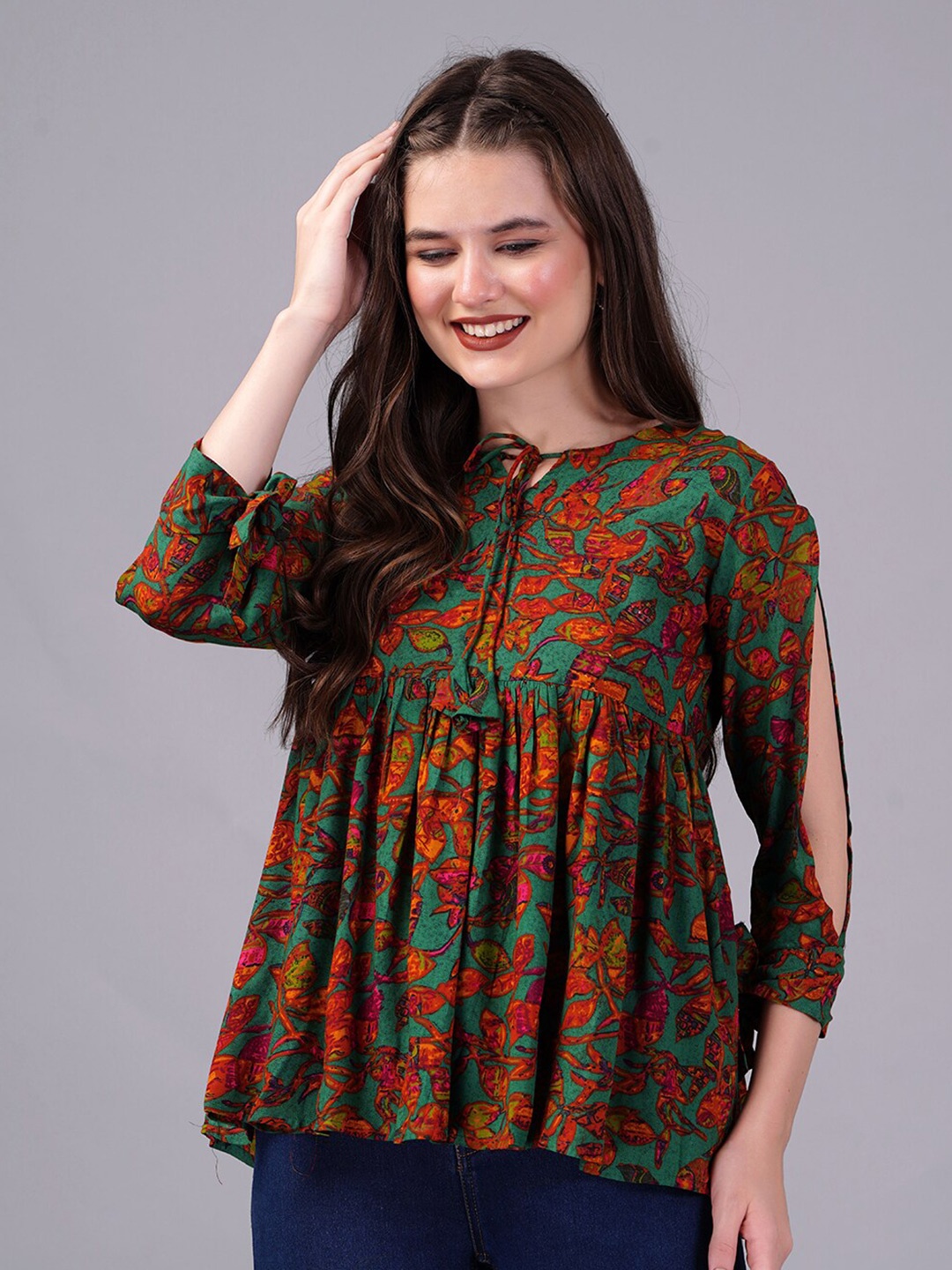 

KPF Tie-Up Neck Floral Printed Gathers Cold Shoulder Top, Green