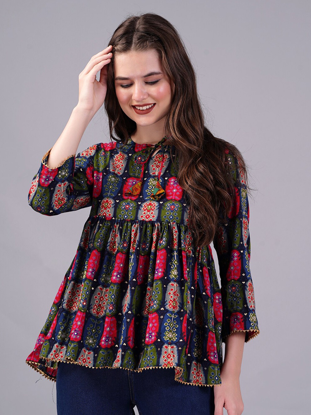 

KPF Tie-Up Neck Ethnic Motif Printed Gathers Top, Navy blue