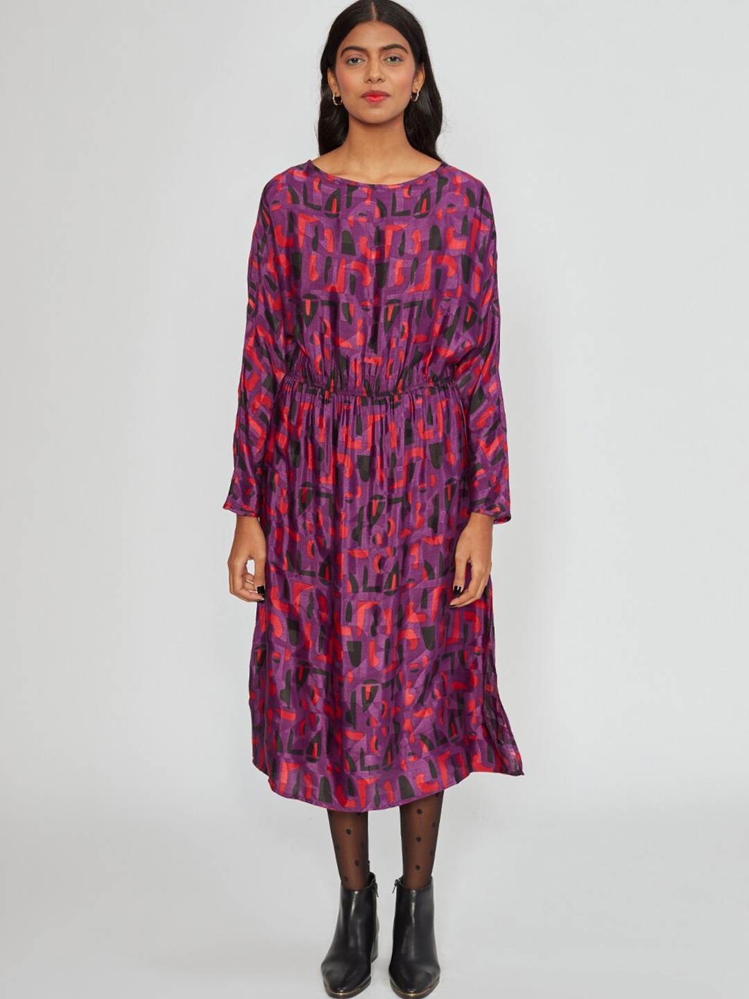 

Bhaane Abstract Printed Gathered Fit & Flare Midi Dress, Purple