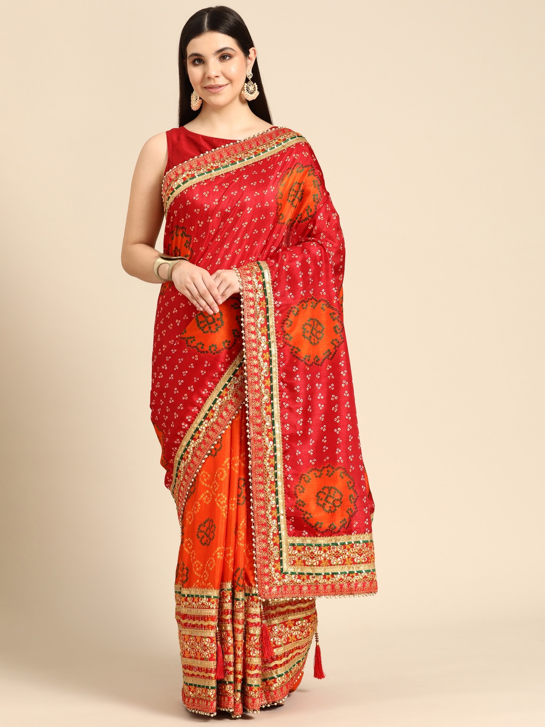 

Mitera Bandhani Gotta Patti Half & Half Saree, Orange