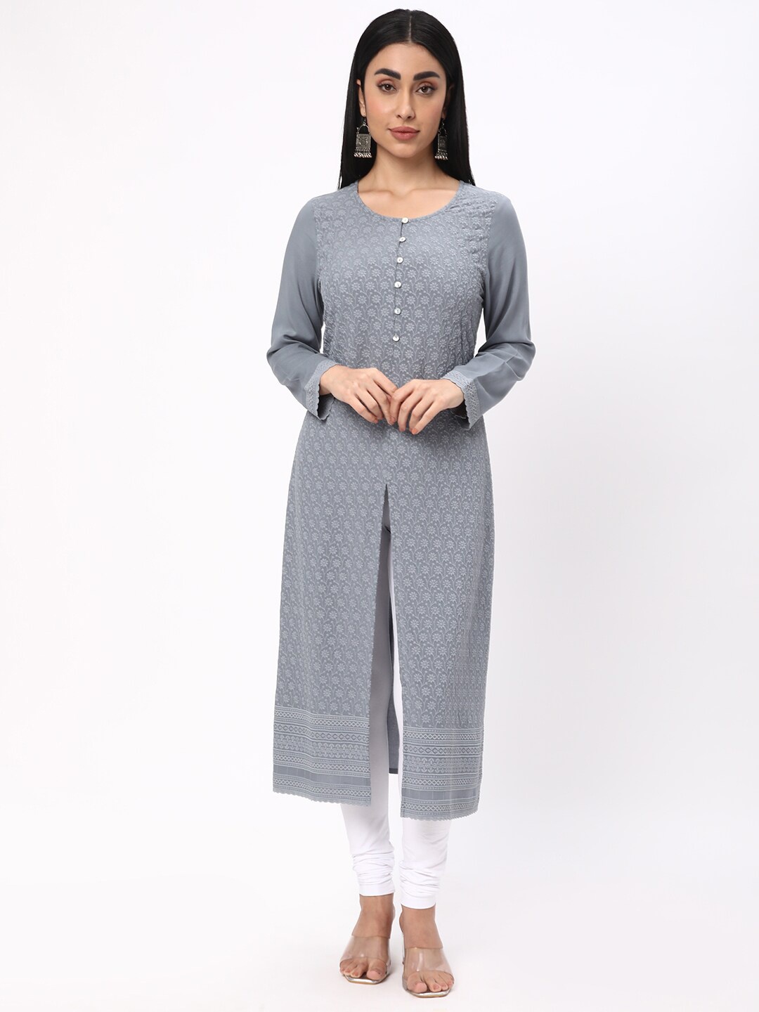 

R&B Floral Embroidered Round Neck Kurta, Grey
