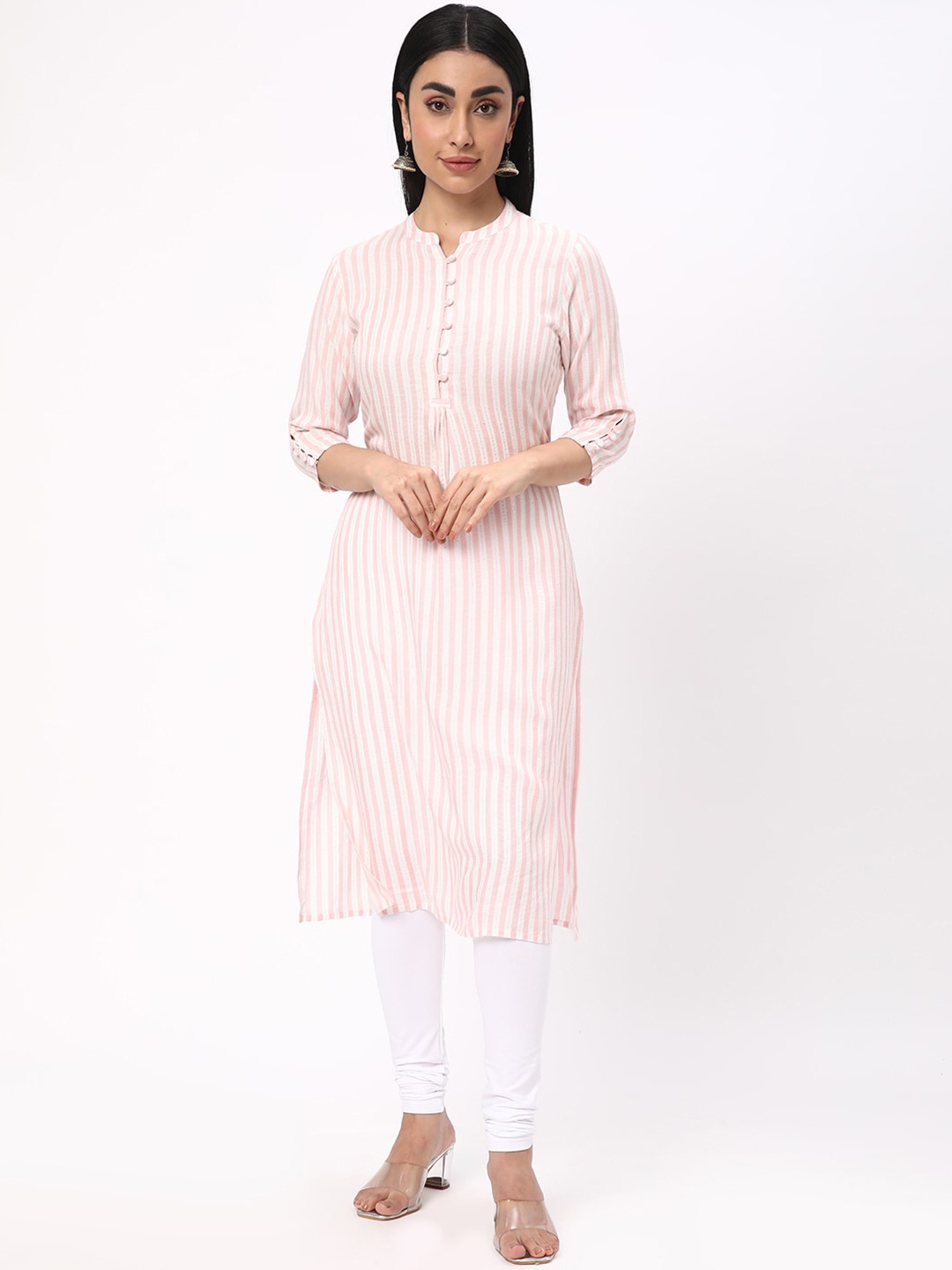 

R&B Striped Mandarin Collar Cotton Kurta, Pink