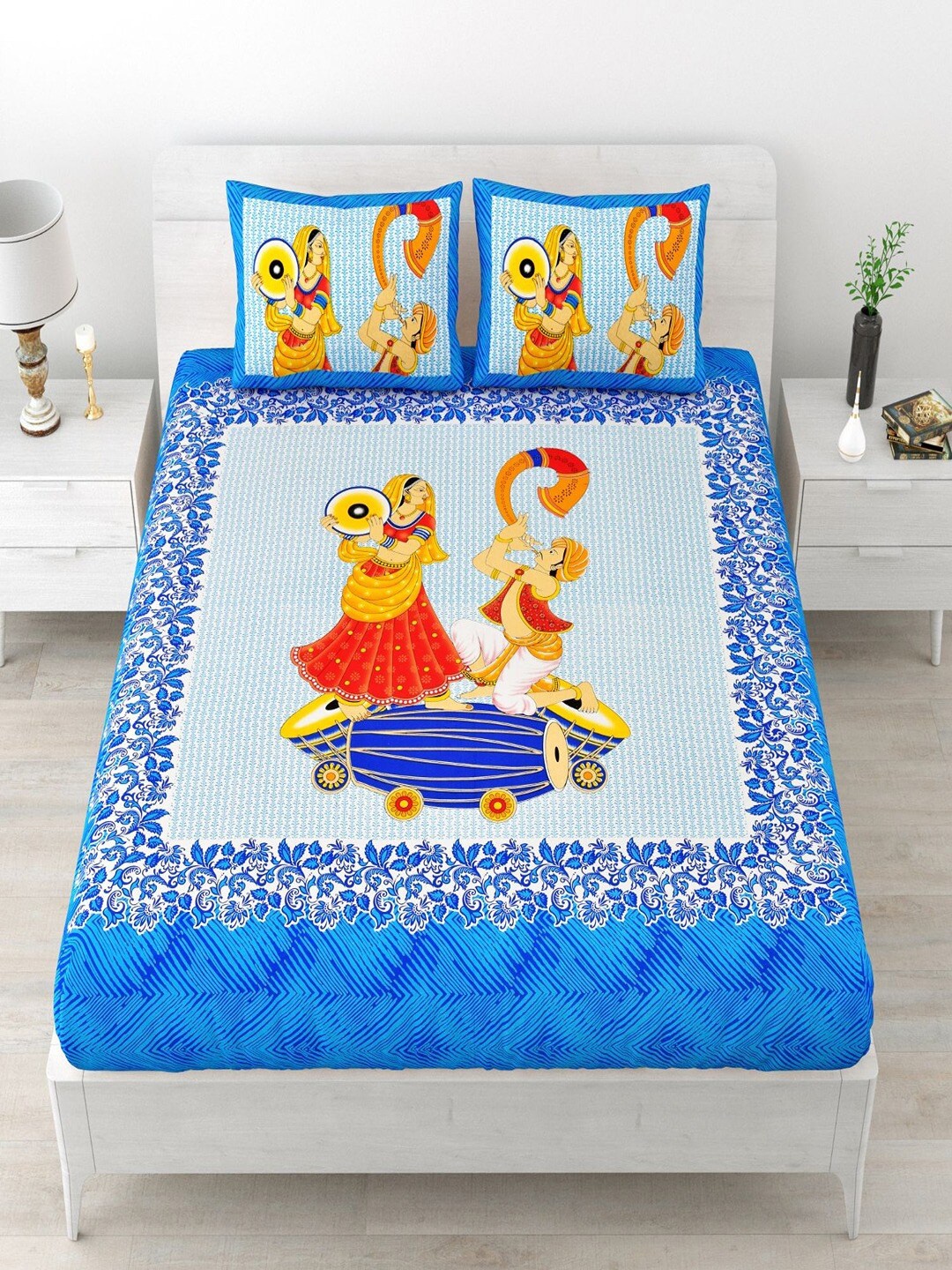 

UNIQCHOICE Blue Ethnic Motifs Cotton 120 TC Queen Bedsheet with 2 Pillow Covers