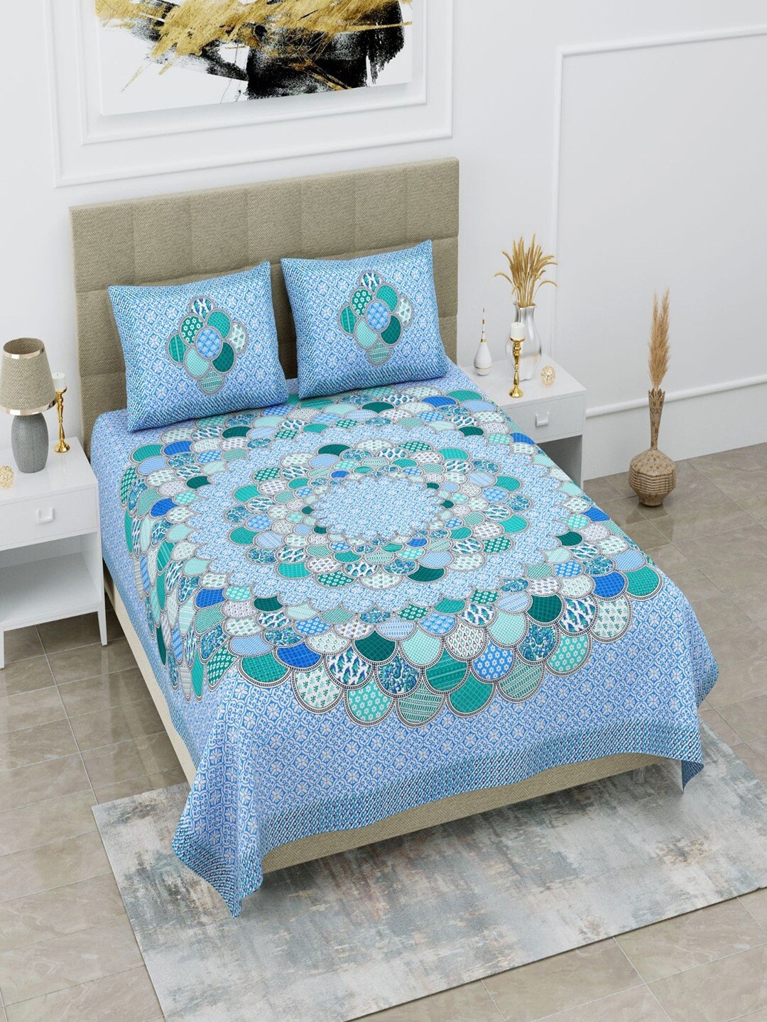 

UNIQCHOICE Blue & Green Ethnic Motifs Cotton 120 TC Queen Bedsheet with 2 Pillow Covers