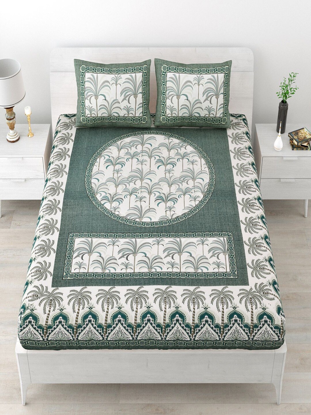 

UNIQCHOICE Grey & Green Ethnic Motifs Cotton 120 TC Queen Bedsheet with 2 Pillow Covers