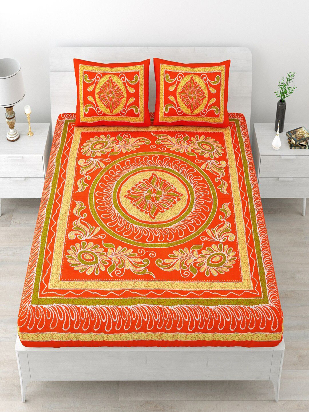 

UNIQCHOICE Orange & Yellow Ethnic Motifs Cotton 120 TC Queen Bedsheet with 2 Pillow Covers