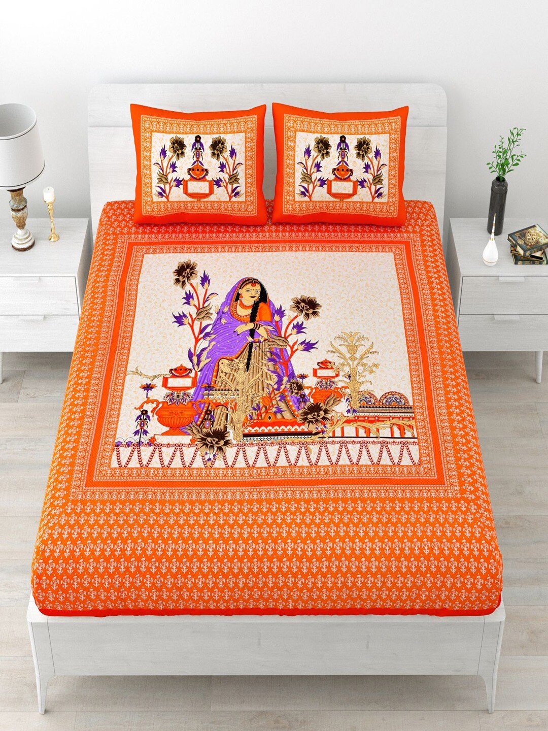 

UNIQCHOICE Orange & White Ethnic Motifs Cotton 120 TC Queen Bedsheet with 2 Pillow Covers