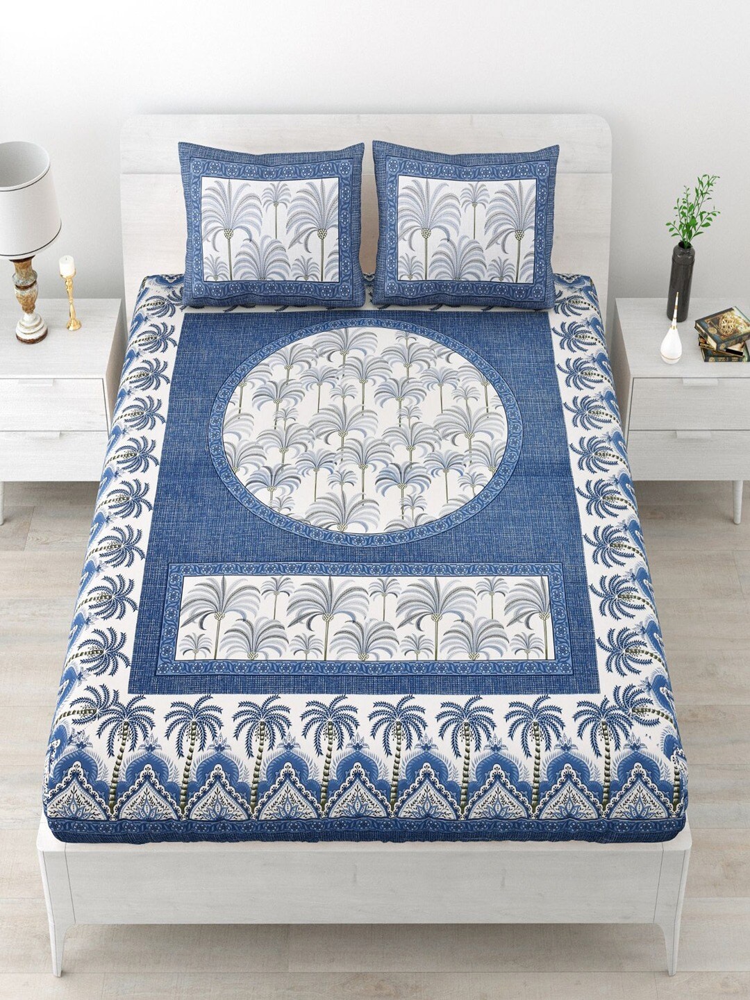 

UNIQCHOICE Blue & White Floral Pure Cotton 120 TC Queen Bedsheet with 2 Pillow Covers