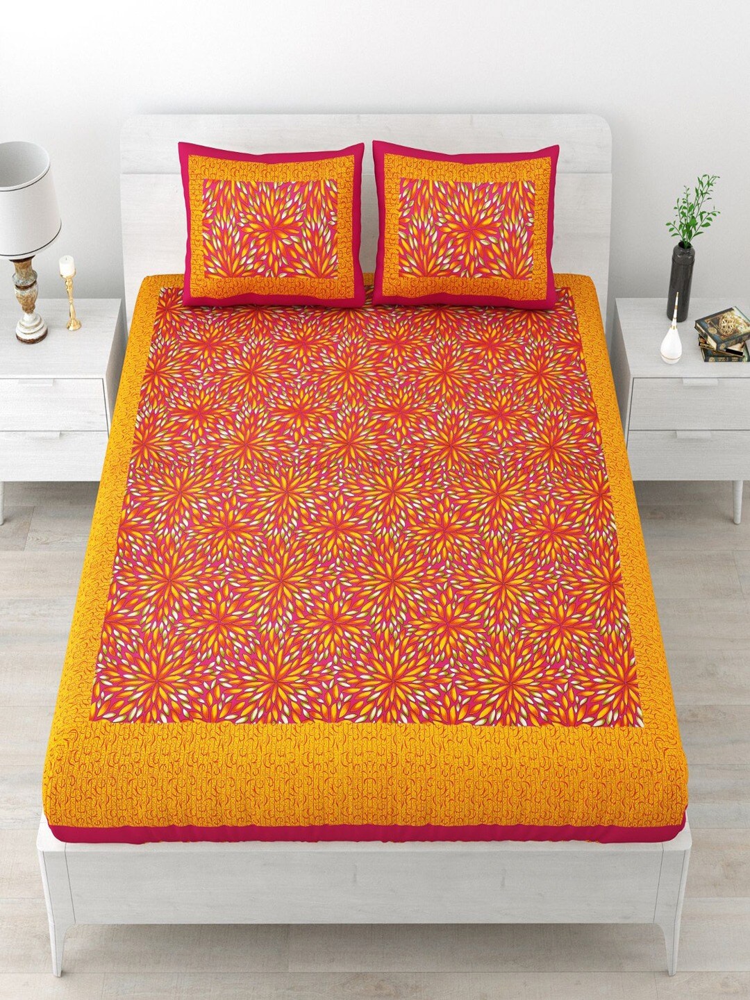 

UNIQCHOICE Pink & Mustard Yellow Floral Cotton 120 TC Queen Bedsheet with 2 Pillow Covers