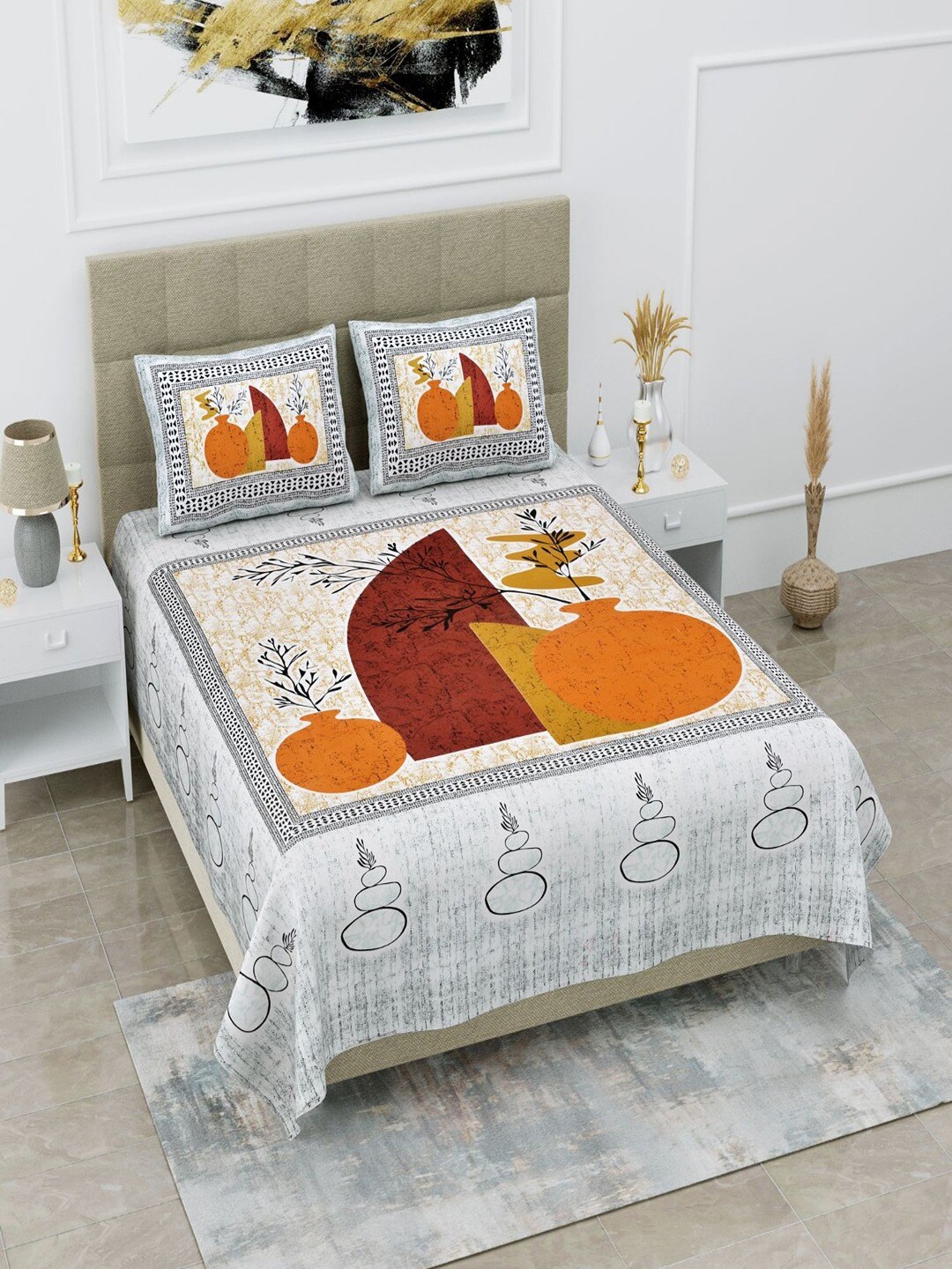

UNIQCHOICE White & Brown Pure Cotton 120 TC Queen Bedsheet with 2 Pillow Covers