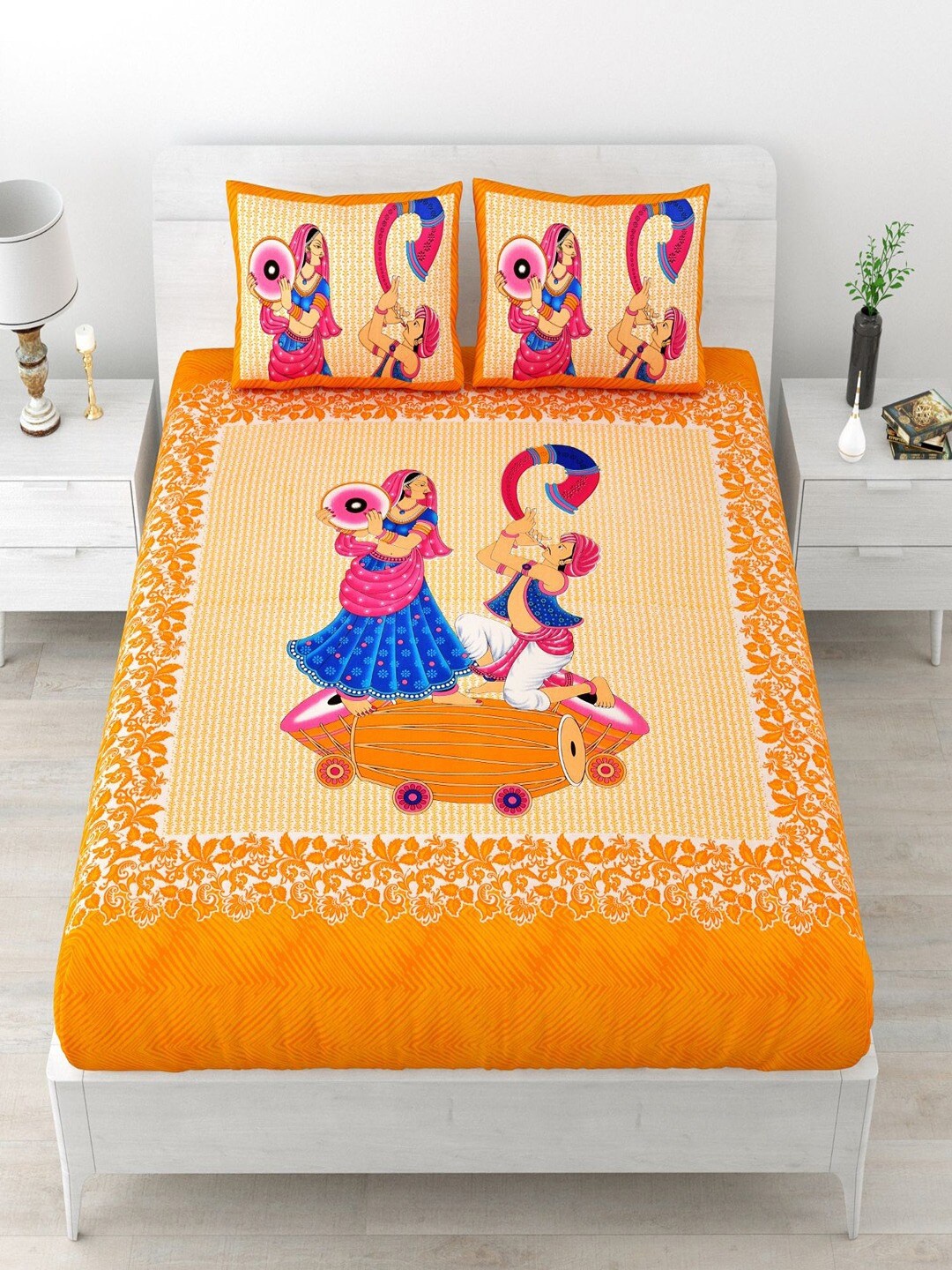 

UNIQCHOICE Yellow Ethnic Motifs Pure Cotton120 TC Queen Bedsheet & 2 Pillow Covers