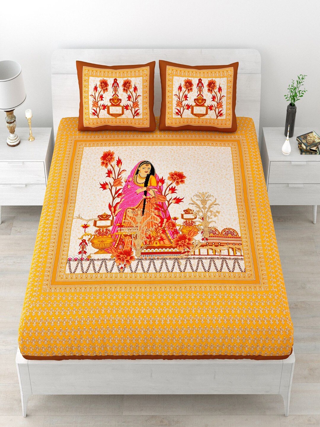 

UNIQCHOICE Brown & White Ethnic Motifs Pure Cotton 120 TC Queen Bedsheet & 2 Pillow Covers