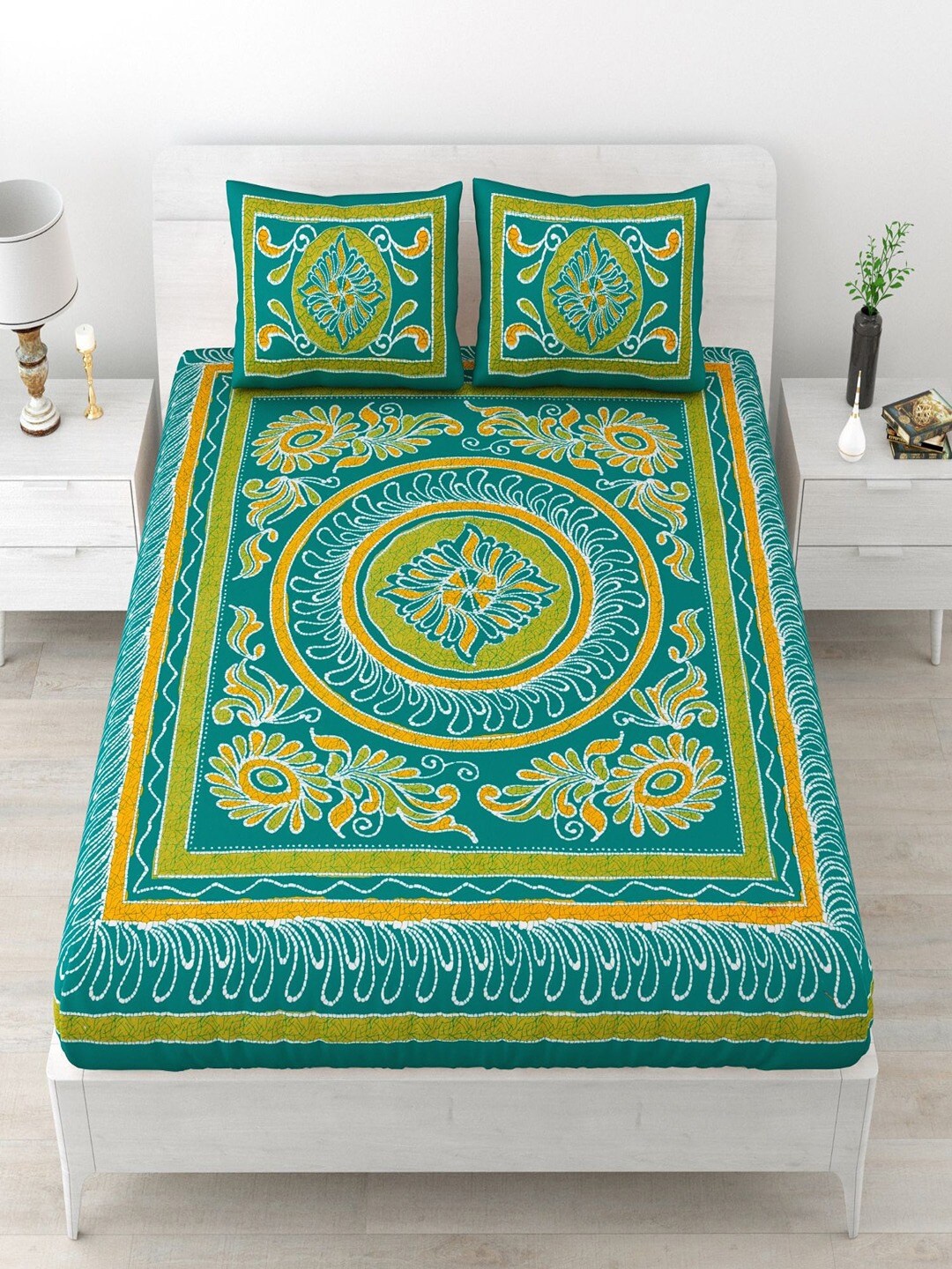 

UNIQCHOICE Turquoise Blue Printed Pure Cotton120 TC Queen Bedsheet & 2 Pillow Covers