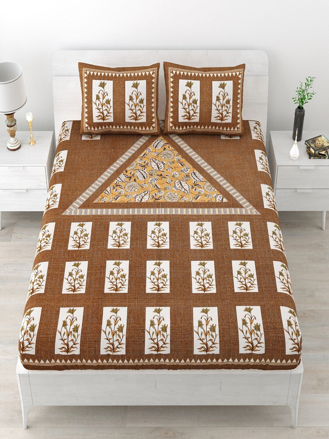 

UNIQCHOICE Brown Floral Pure Cotton 120 TC Queen Bedsheet With 2 Pillow Covers