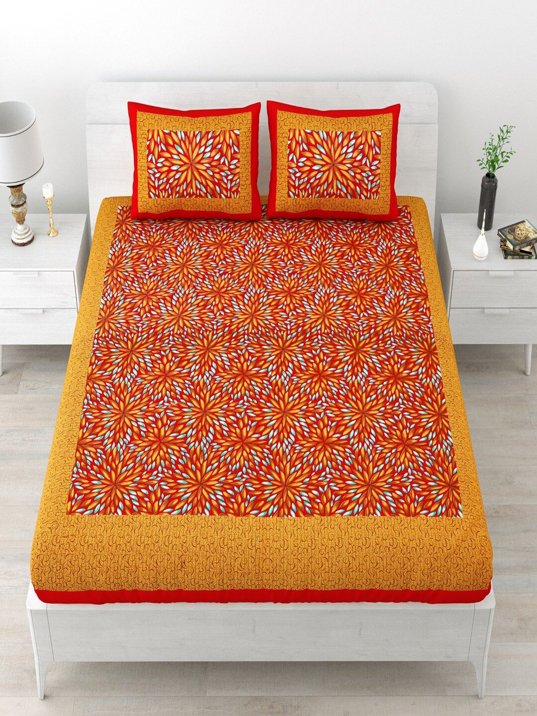 

UNIQCHOICE Brown & Mustard Printed Pure Cotton 120 TC Queen Bedsheet & 2 Pillow Covers