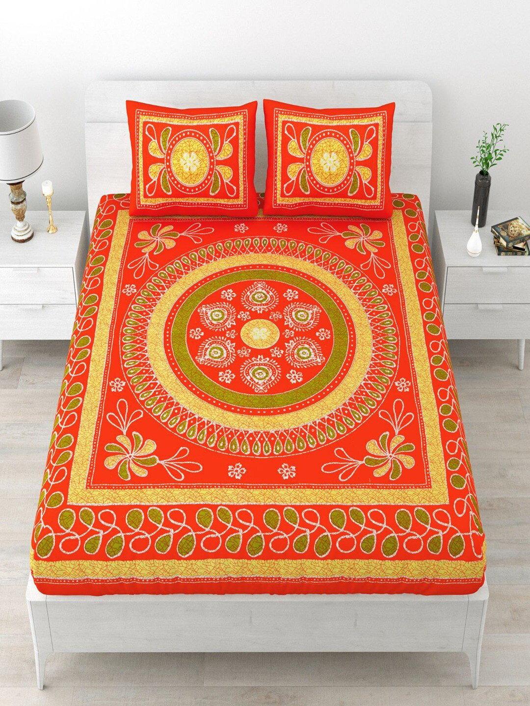 

UNIQCHOICE Orange Ethnic Motifs Pure Cotton 120 TC Queen Bedsheet & 2 Pillow Covers