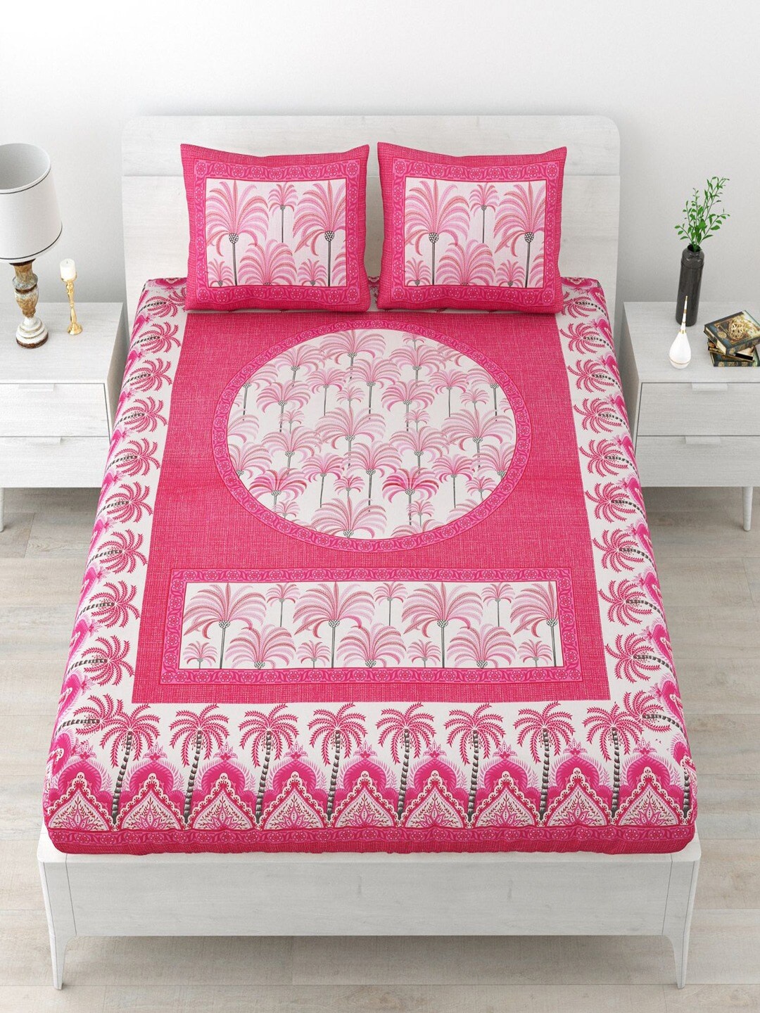 

UNIQCHOICE Pink & White Floral Pure Cotton 120 TC Queen Bedsheet With 2 Pillow Covers