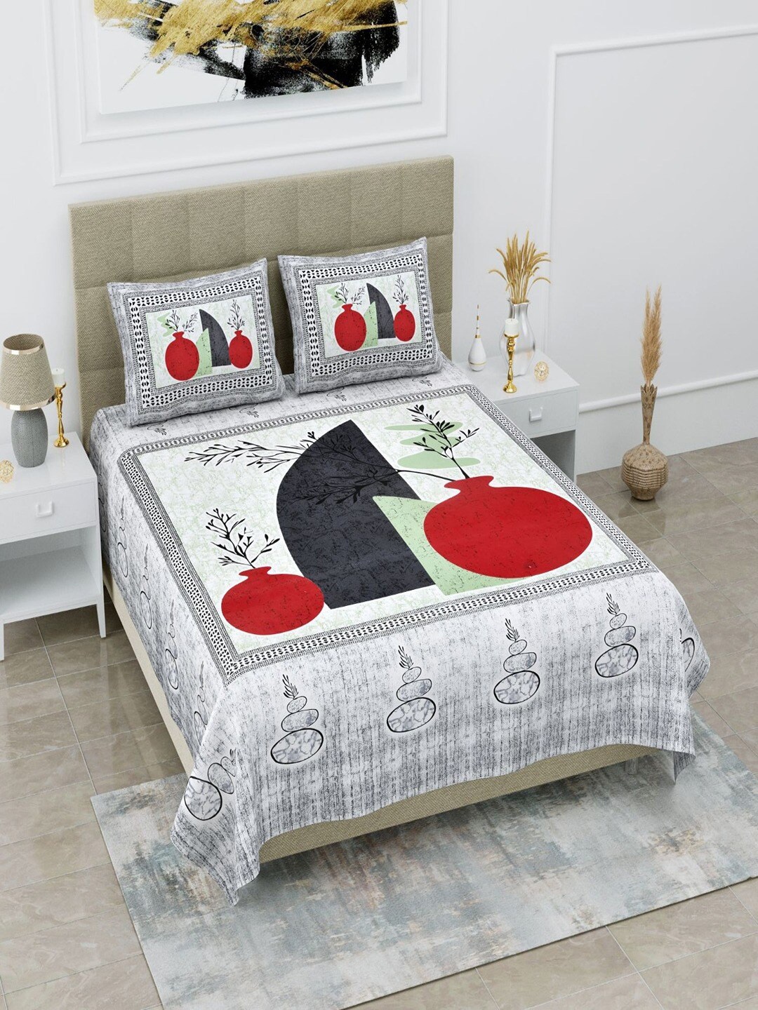 

UNIQCHOICE Grey & Red Ethnic Motifs Pure Cotton 120 TC Queen Bedsheet & 2 Pillow Covers