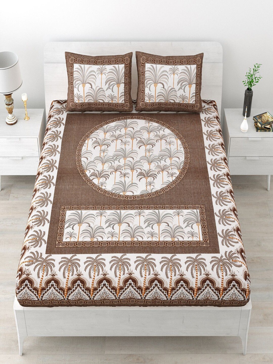 

UNIQCHOICE Brown & White Ethnic Motifs Pure Cotton 120 TC Queen Bedsheet & 2 Pillow Covers