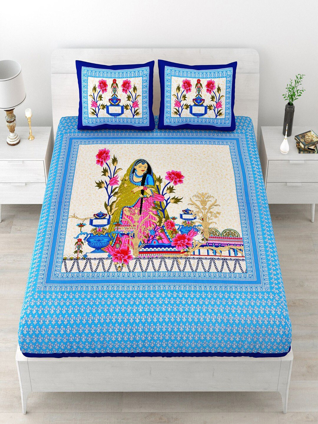 

UNIQCHOICE Blue Ethnic Motifs Pure Cotton 120 TC Queen Bedsheet With 2 Pillow Covers