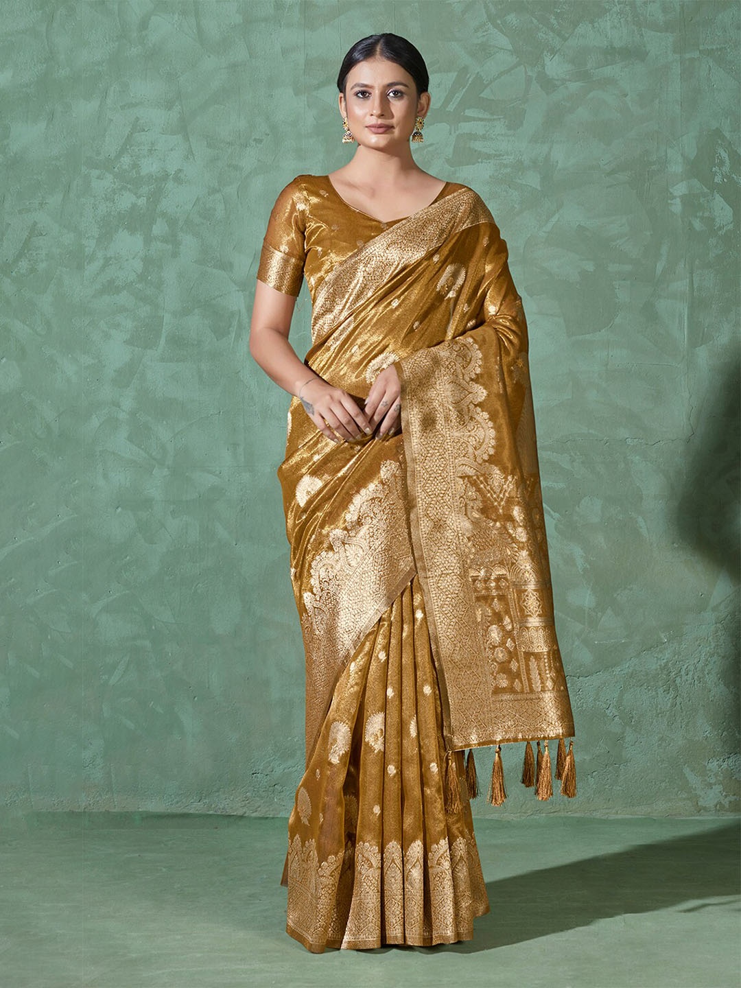 

MONJOLIKA FASHION Ethnic Woven Design Zari Bomkai silk Saree, Mustard