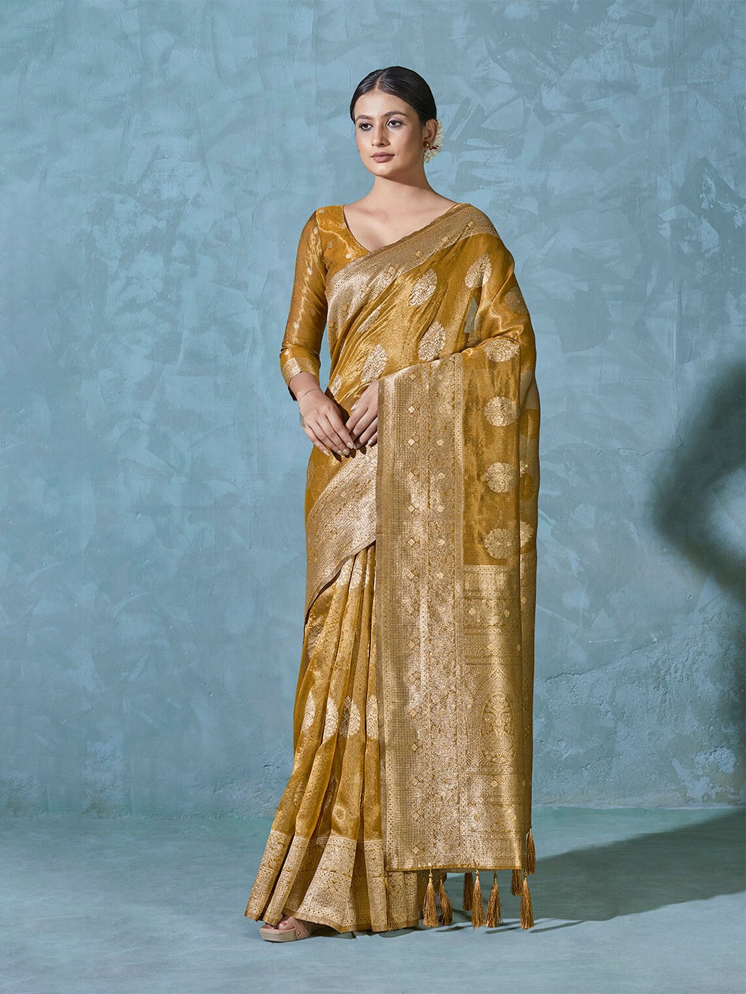 

MONJOLIKA FASHION Ethnic Woven Design Zari Ready to Wear Bomkai silk Saree, Mustard