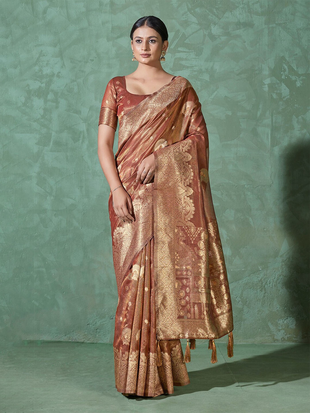 

MONJOLIKA FASHION Ethnic Woven Design Zari Bomkai silk Saree, Rust