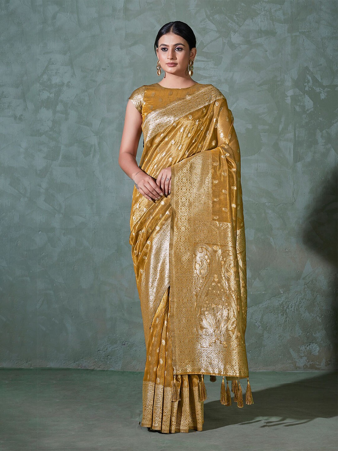 

MONJOLIKA FASHION Ethnic Woven Design Zari Bomkai silk Saree, Mustard