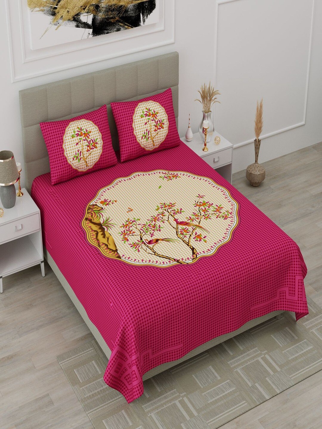 

UNIQCHOICE Pink Ethnic Motifs Pure Cotton 120 TC Queen Bedsheet With 2 Pillow Covers