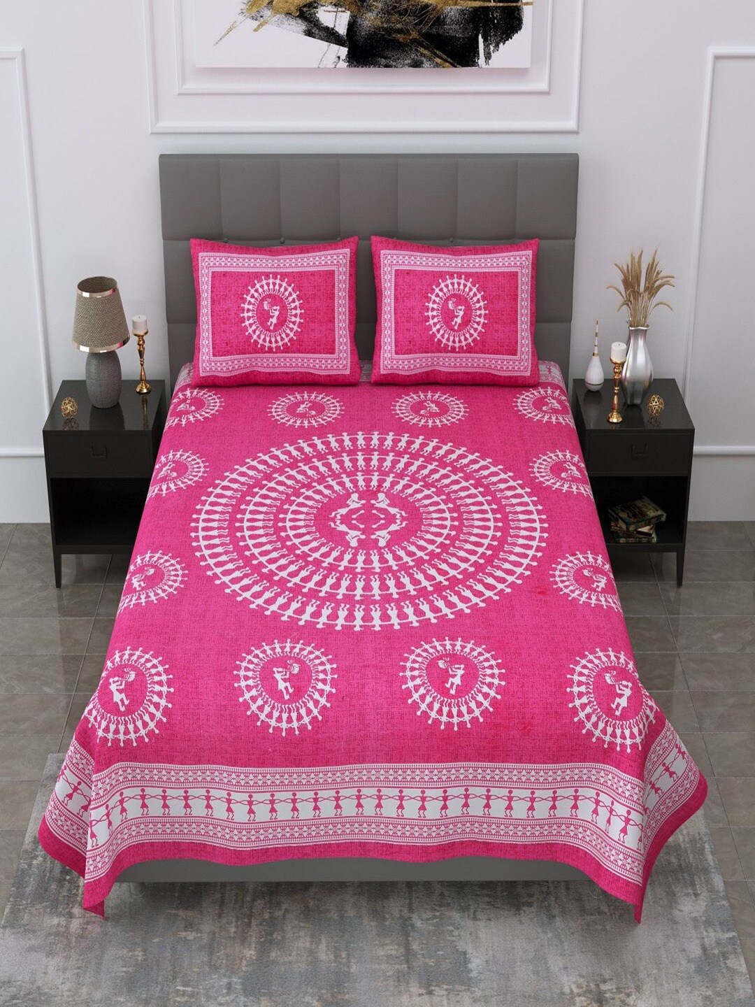 

UNIQCHOICE Pink Ethnic Motifs Pure Cotton 120 TC Queen Bedsheet With 2 Pillow Covers