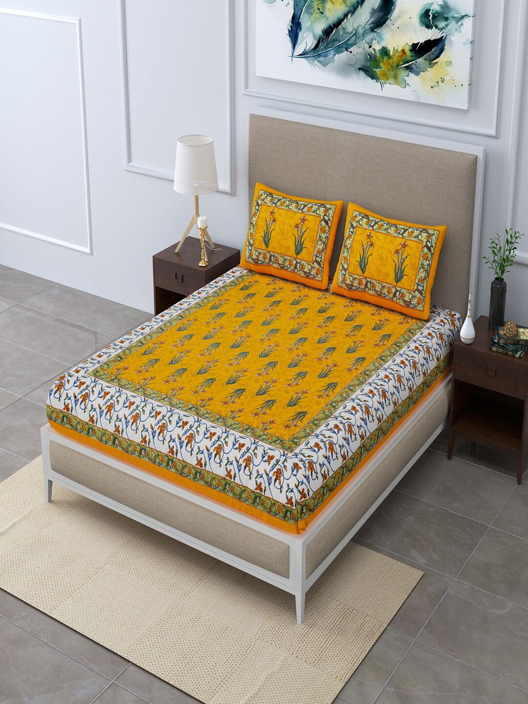 

UNIQCHOICE Orange Ethnic Motifs Pure Cotton 120 TC Queen Bedsheet With 2 Pillow Covers