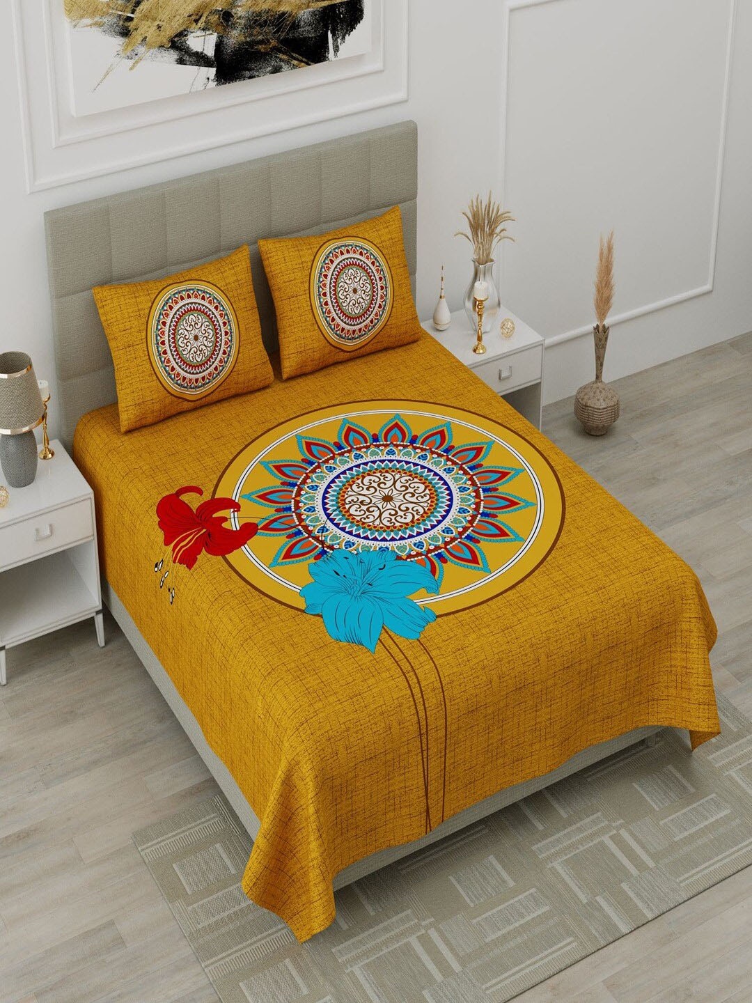 

UNIQCHOICE Mustard Ethnic Motifs Pure Cotton 120 TC Queen Bedsheet With 2 Pillow Covers