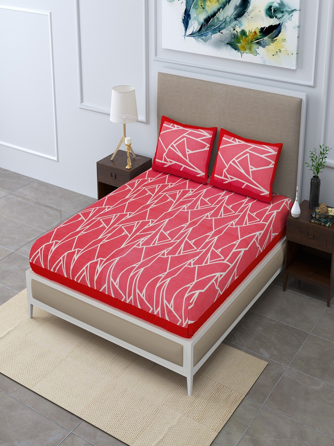 

UNIQCHOICE Red & White Abstract Pure Cotton 120 TC Queen Bedsheet With 2 Pillow Covers