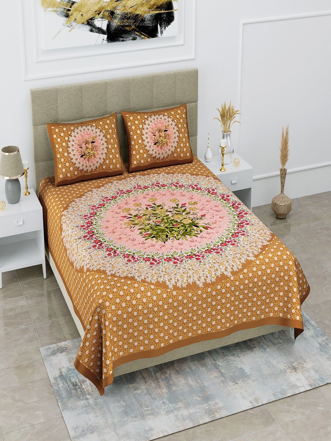 

UNIQCHOICE Brown & Green Floral Pure Cotton 120 TC Queen Bedsheet With 2 Pillow Covers