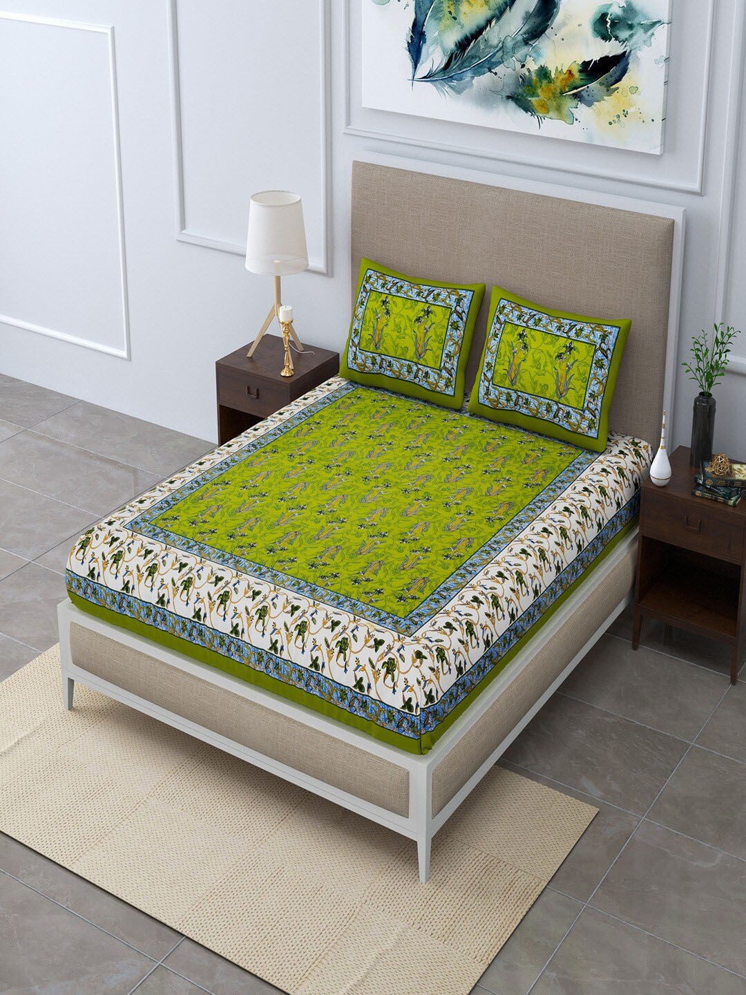 

UNIQCHOICE Green Ethnic Motifs Pure Cotton 120 TC Queen Bedsheet With 2 Pillow Covers