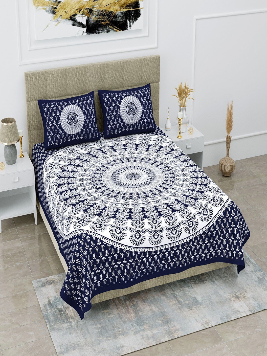 

UNIQCHOICE Blue Ethnic Motifs Pure Cotton 120 TC Queen Bedsheet With 2 Pillow Covers