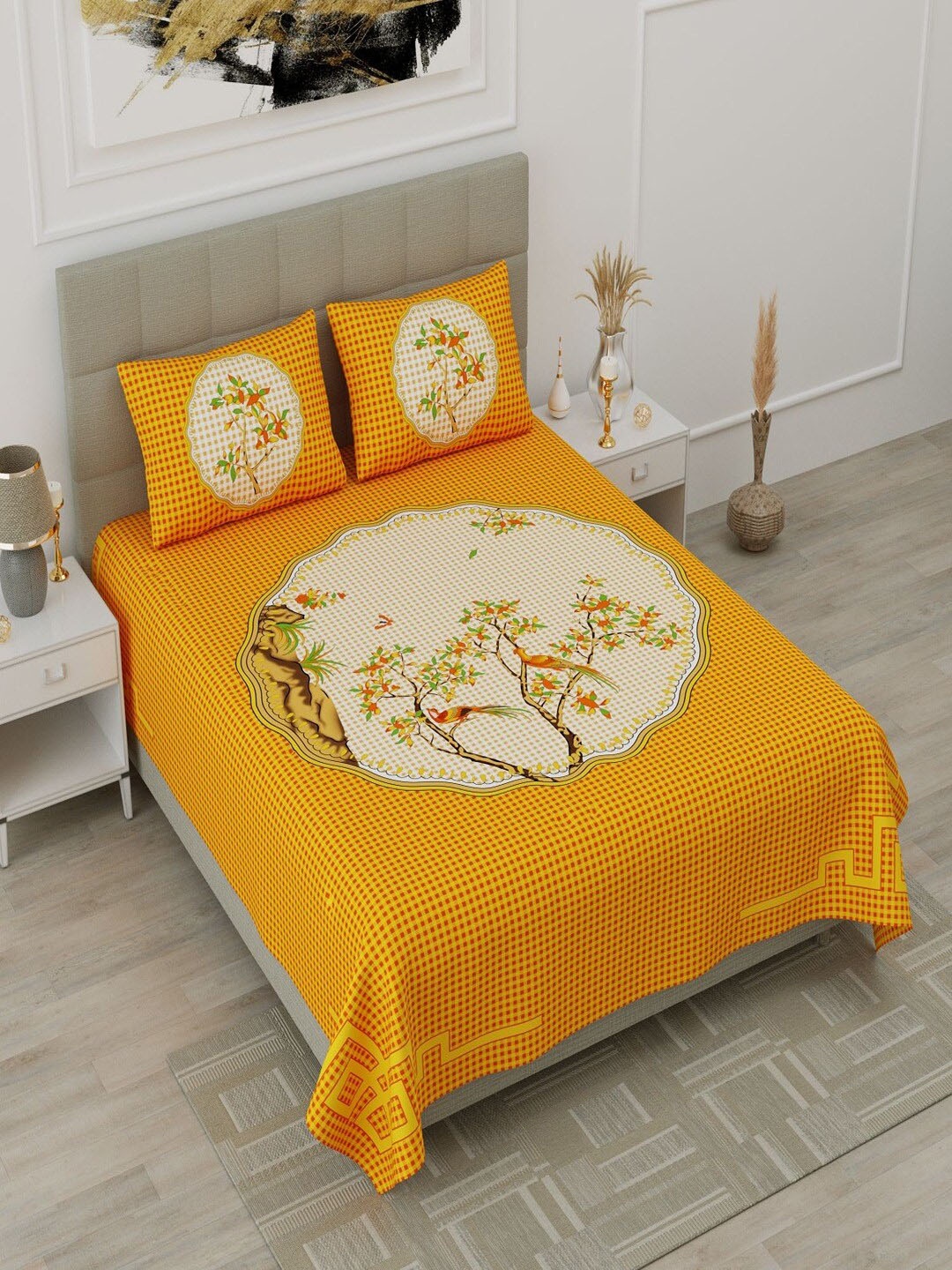 

UNIQCHOICE Yellow & Green Printed Pure Cotton 120 TC Queen Bedsheet with 2 Pillow Covers