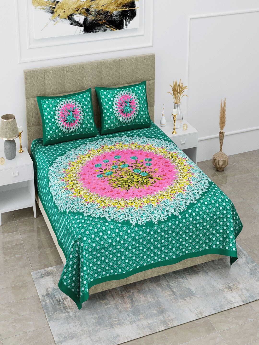 

UNIQCHOICE Sea Green & Pink Printed Pure Cotton 120 TC Queen Bedsheet with 2 Pillow Covers