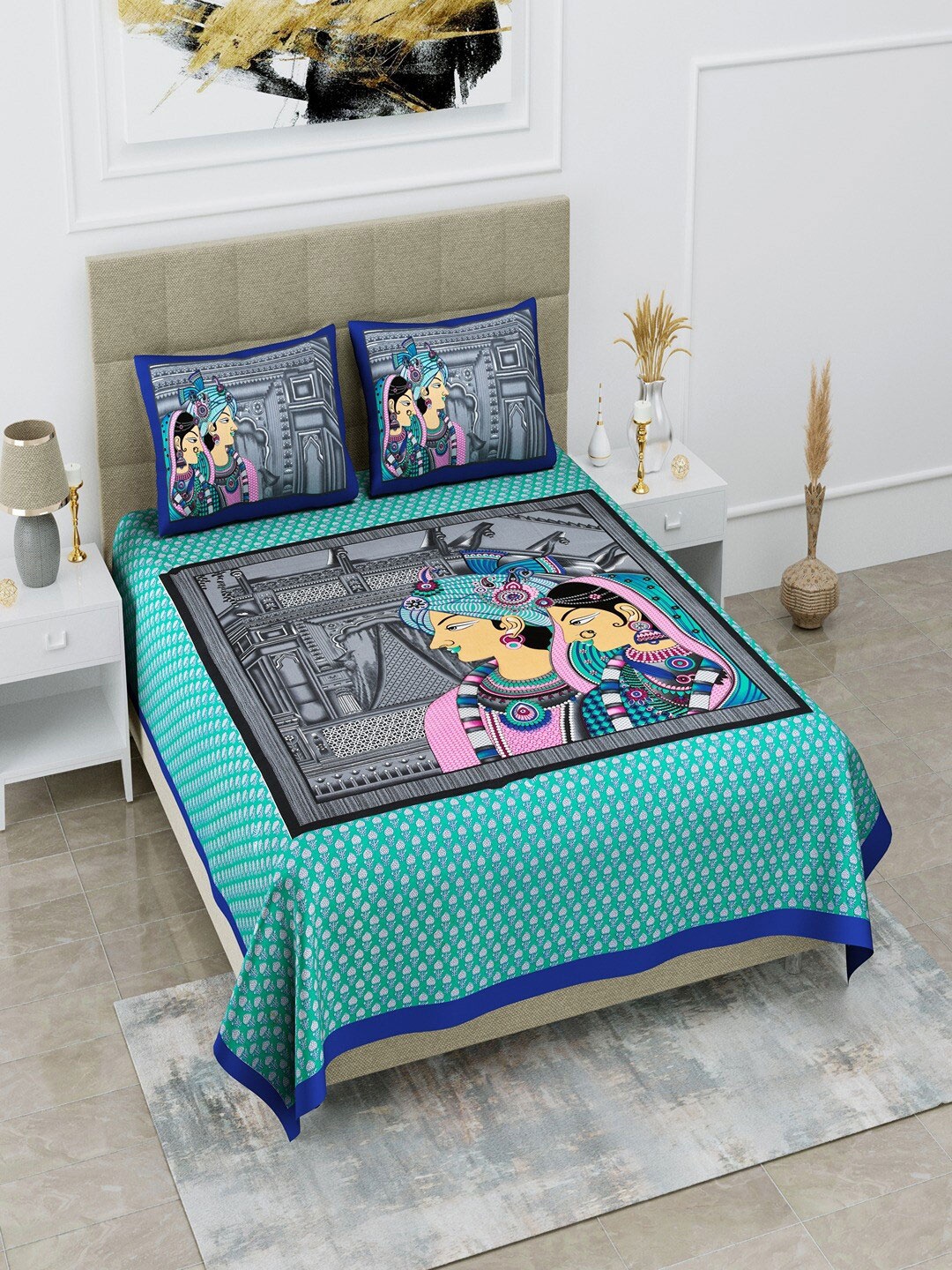 

UNIQCHOICE Blue & Cream Printed Pure Cotton 120 TC Queen Bedsheet with 2 Pillow Covers