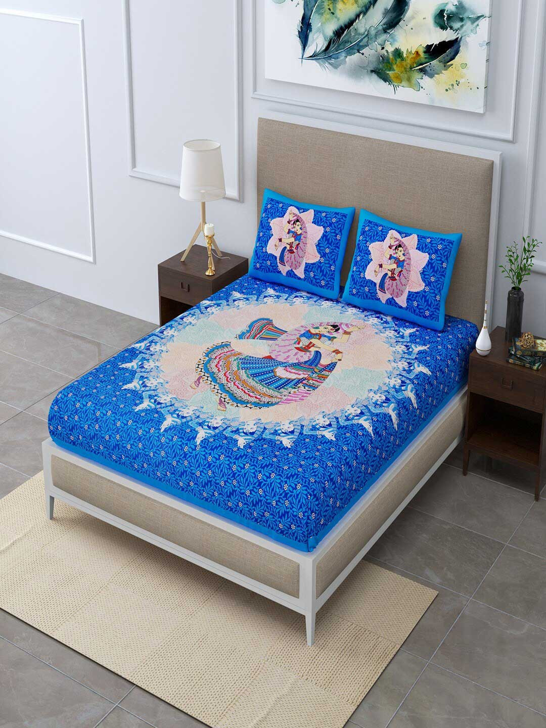 

UNIQCHOICE Blue & White Printed Pure Cotton 120 TC Queen Bedsheet with 2 Pillow Covers
