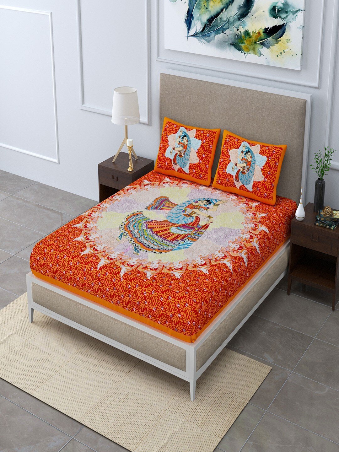 

UNIQCHOICE Orange & Blue Ethnic Motifs Cotton 120 TC Queen Bedsheet with 2 Pillow Covers