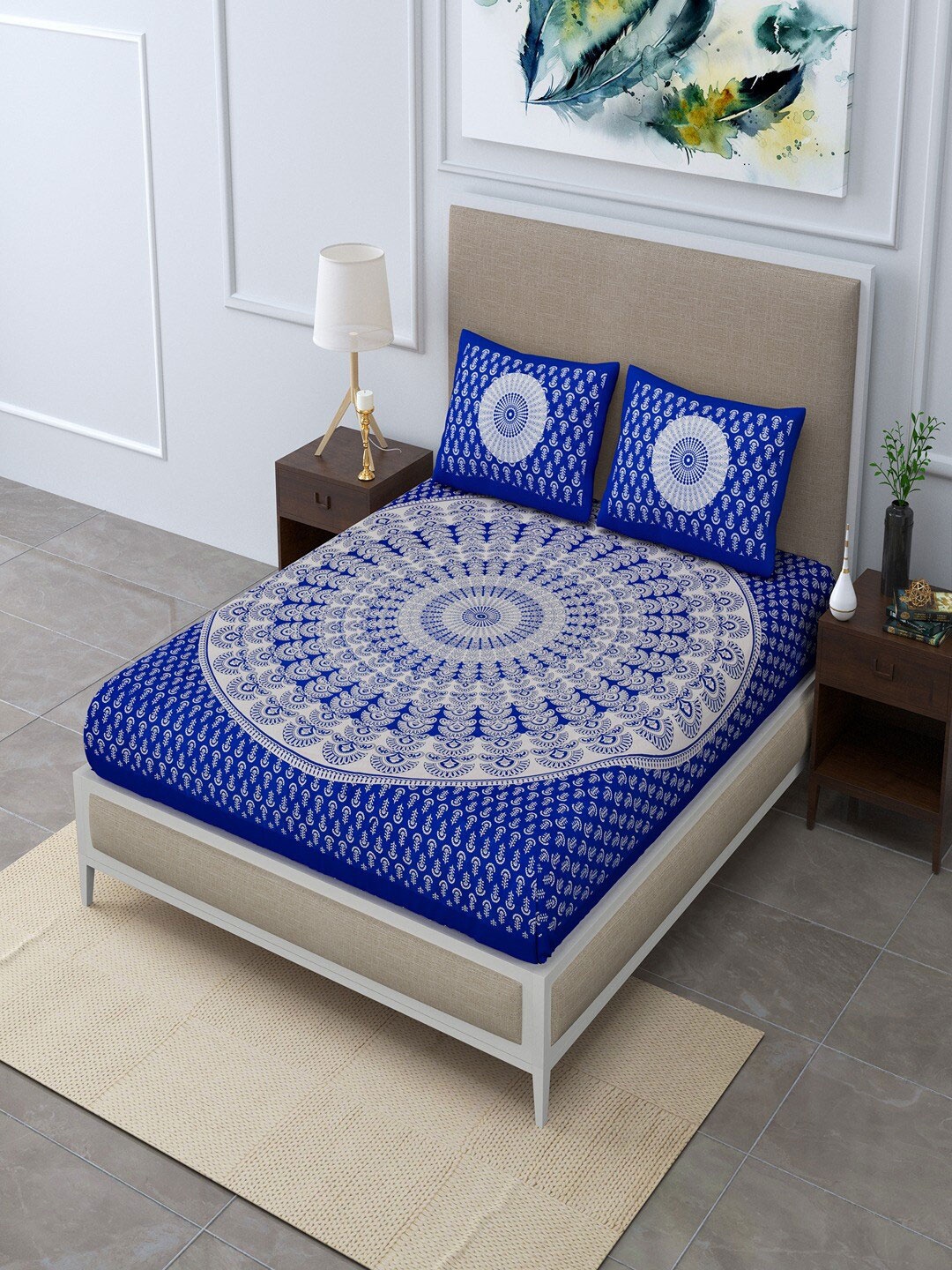 

UNIQCHOICE Blue & White Ethnic Motifs Cotton 120 TC Queen Bedsheet with 2 Pillow Covers