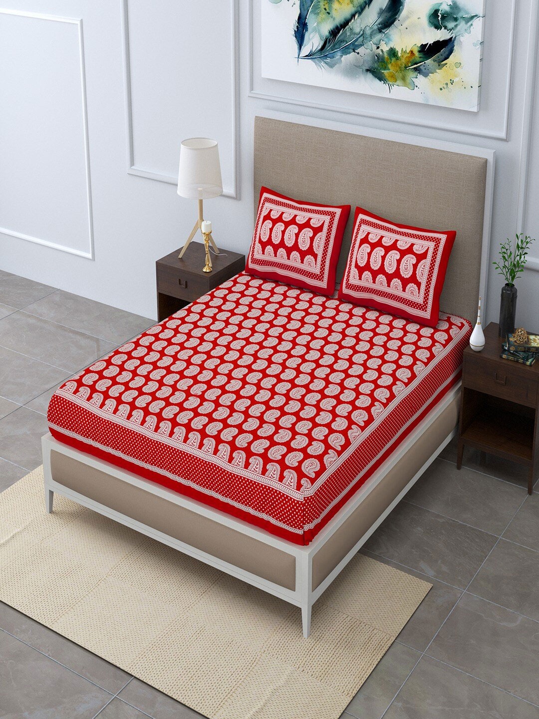 

UNIQCHOICE Red & White Ethnic Motifs Cotton 120 TC Queen Bedsheet with 2 Pillow Covers