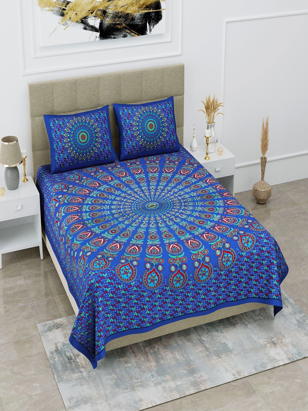 

UNIQCHOICE Blue & Red Ethnic Motifs Pure Cotton 120 TC Queen Bedsheet with 2 Pillow Covers